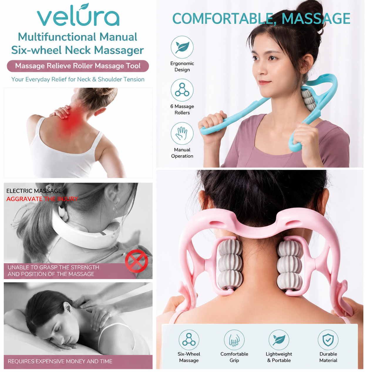 6-Wheel Neck Massager Manual Roller Tool for Neck & Muscle Relief
