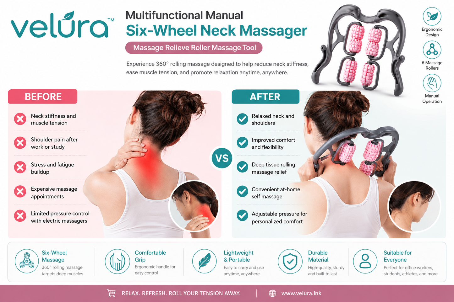 6-Wheel Neck Massager Manual Roller Tool for Neck & Muscle Relief