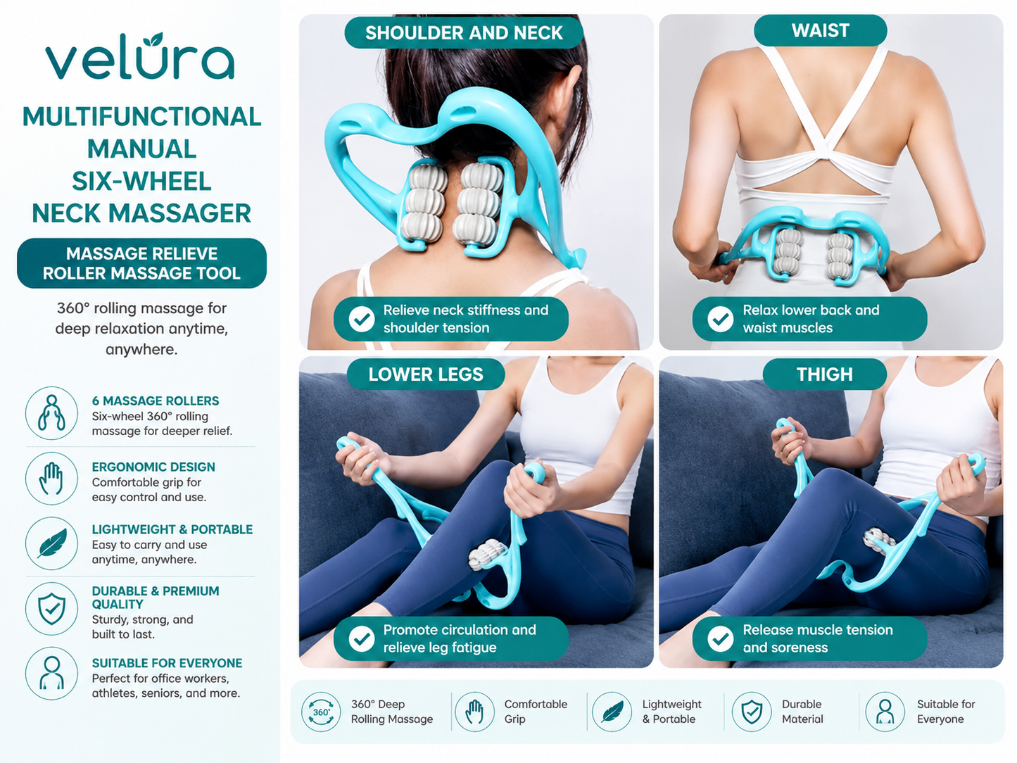 6-Wheel Neck Massager Manual Roller Tool for Neck & Muscle Relief
