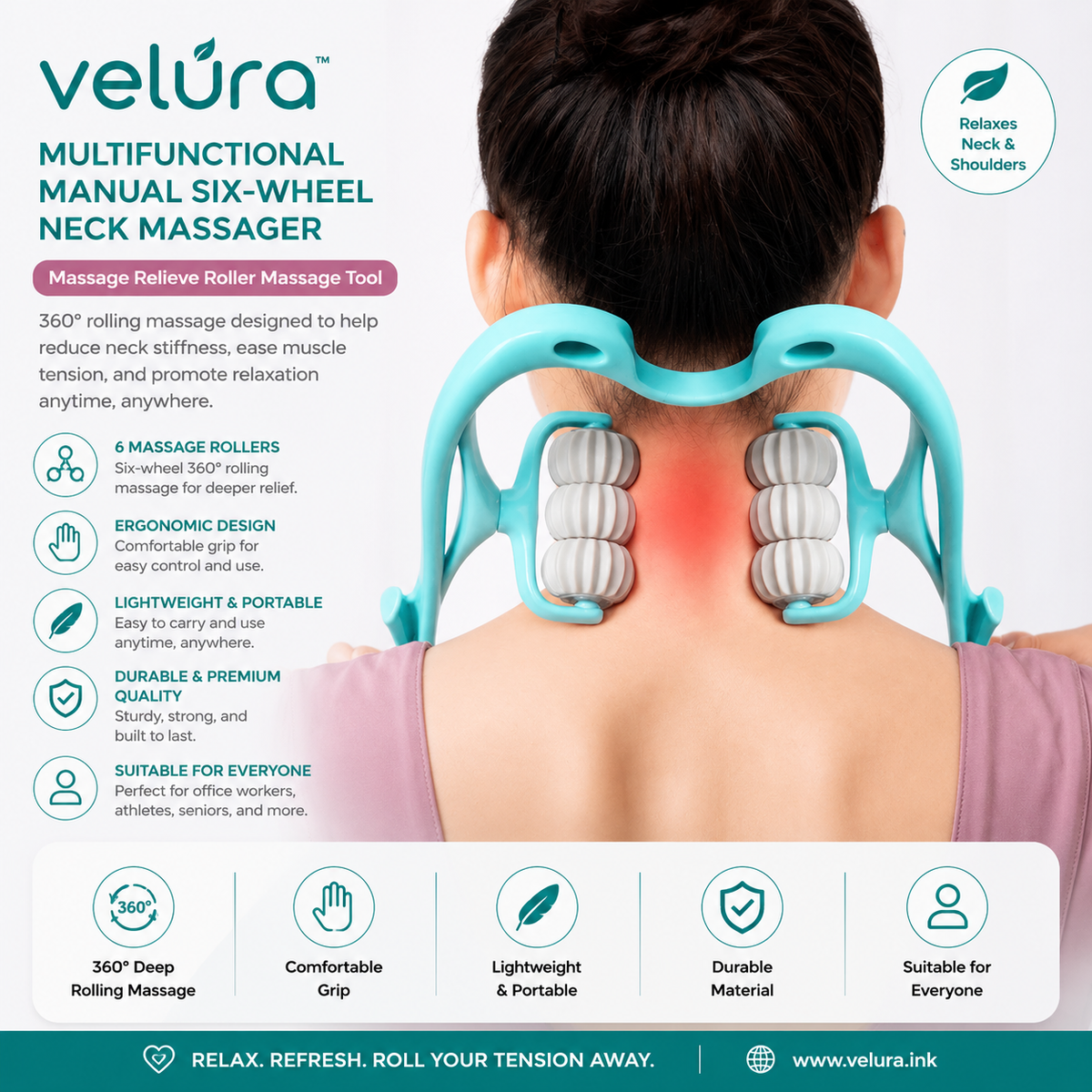 6-Wheel Neck Massager Manual Roller Tool for Neck & Muscle Relief